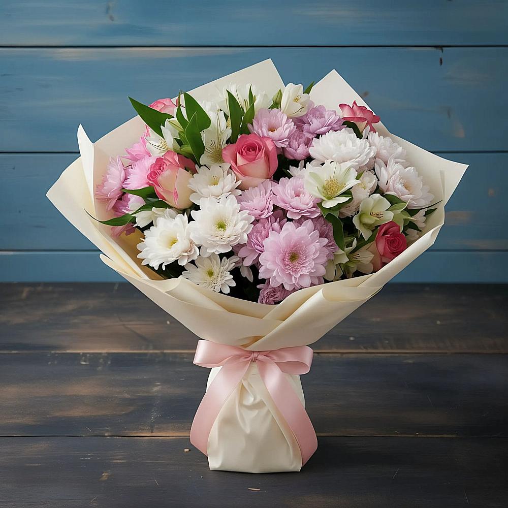 Букет цветов из: Хризантемы, Альстромерии и Розы в Гавердовский